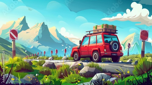 The car has luggage on the roof and is driving down an old highway with a concrete barrier and streetlights. Modern cartoon representation of summer landscape with mountains, green fields and an auto photo