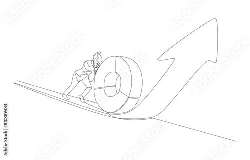 Continuous one line drawing of businessman pushing pie chart upwards along rising arrow, increasing performance or boosting productivity concept, single line art.