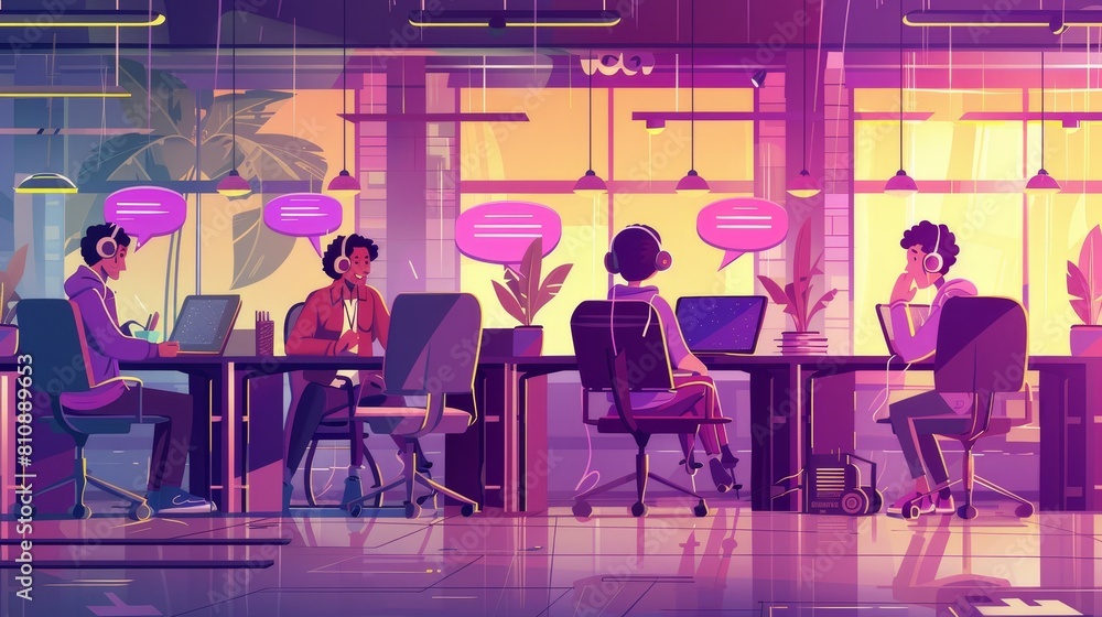 The customer service team is working together in the support center office. Modern flat illustration of hotline employees with headsets seated at desks with laptops and talking bubbles on the screen. The customer service team is working together in the support center office. Modern flat illustration of hotline employees with headsets seated at desks with laptops and talking bubbles on the screen.