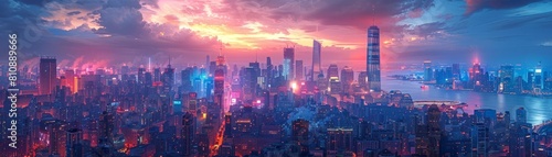 Bustling cityscape from a skyscrapers edge, blending darkness and neon lights to evoke the minds inner labyrinth, using CG for surreal depth and distorted perspectives