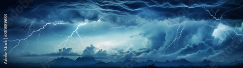 Intense Blue Thunderstorm with Dramatic Lightning Over Mountains