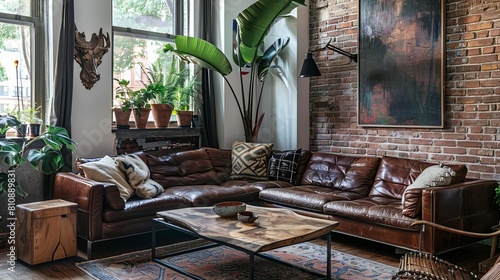 Industrialstyle living room with a leather couch, reclaimed wood table, and exposed brick wall Vintage decor and plants soften the raw elements photo
