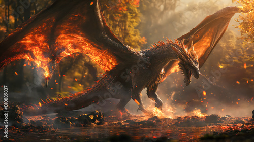 Fantasy scene showing fire dragon in the forest