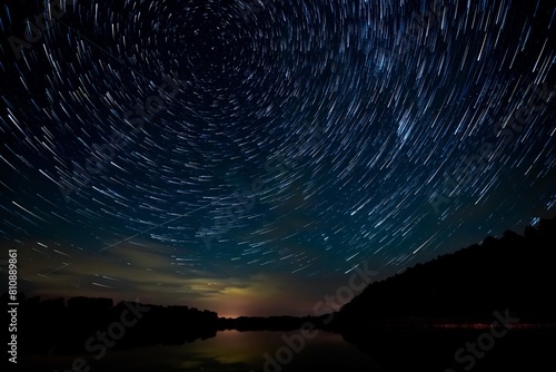 star tracks in the summer sky, star trails, Polaris, northern constellations, by the lake, reflections in water, long exposure, night photography, photo compositing, color, blue
