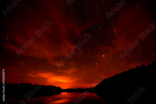 red starry sky, cloudy night sky, bloody sky, end of the world, apocalypse,