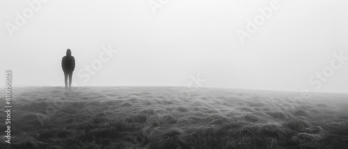 The essence of solitude with a minimalist design of a lone figure in a vast, empty landscape Utilize unexpected camera angles to evoke isolation and introspection