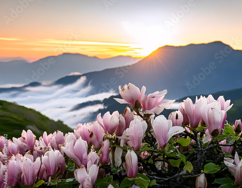 Pink Lotus Blooms Amidst Mountain Landscape photo