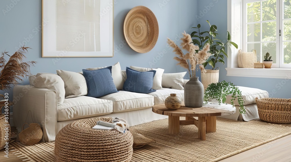 Tranquil living room with a cream couch, light oak coffee table, and woven rug Blue pillows and wall art enhance the peaceful design Tranquil living room with a cream couch, light oak coffee table, and woven rug Blue pillows and wall art enhance the peaceful design
