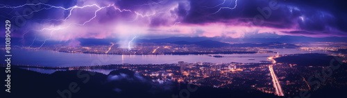 Vivid Lightning over Metropolitan Cityscape with Purple Skies