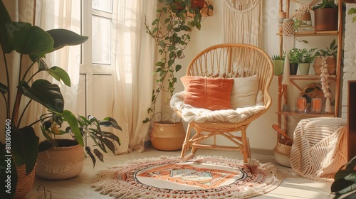 Bohoinspired living room with a rattan armchair, macrame decor, and a patterned rug Soft peach pillows and hanging plants add calming energy photo