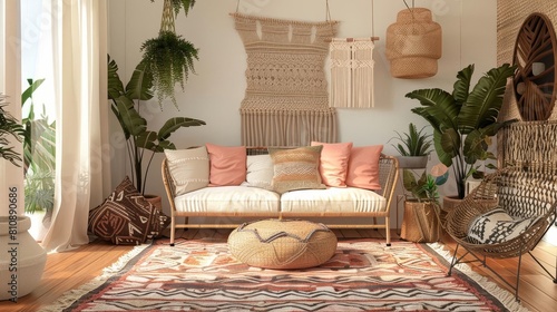 Bohoinspired living room with a rattan armchair, macrame decor, and a patterned rug Soft peach pillows and hanging plants add calming energy photo