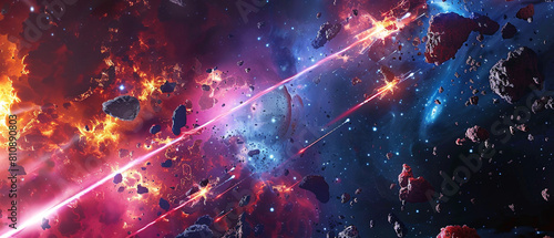 Intense futuristic space combat scene with colorful laser beams and dramatic explosions illuminating the sky. photo