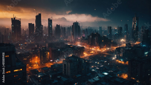 Dystopian Future  Futuristic cityscape with a dark  post-apocalyptic tone.