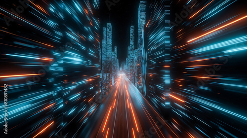 3D Rendering of warp speed in hyper loop with blur light from buildings' lights in mega city at night. Concept of next generation technology, fin tech, big data, 5g fast network photo