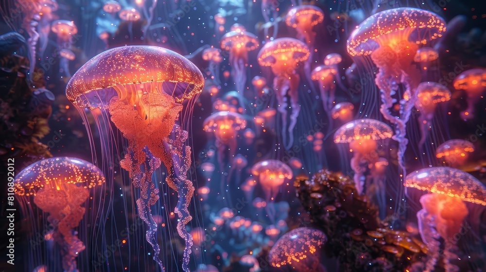 Immerse viewers in a mesmerizing, vibrant underwater world filled with bioluminescent jellyfish, glowing octopuses, and shimmering anglerfish in a VR experience Immerse viewers in a mesmerizing, vibrant underwater world filled with bioluminescent jellyfish, glowing octopuses, and shimmering anglerfish in a VR experience
