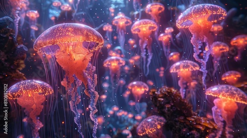 Immerse viewers in a mesmerizing, vibrant underwater world filled with bioluminescent jellyfish, glowing octopuses, and shimmering anglerfish in a VR experience