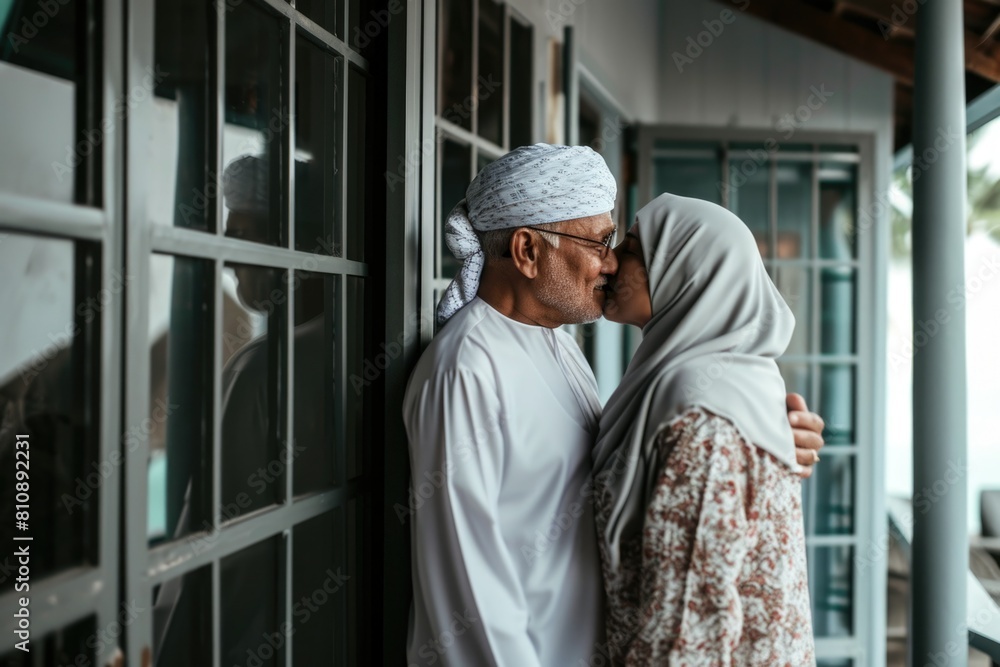 A Muslim couple shares a tender moment with a kiss Fictional Character Created By Generative AI. A Muslim couple shares a tender moment with a kiss Fictional Character Created By Generative AI.