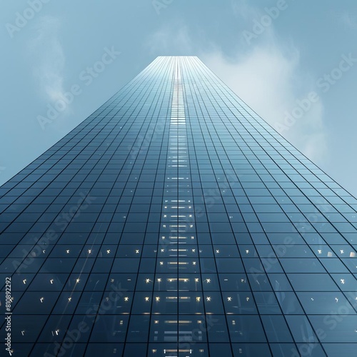 Produce a minimalist digital rendering of a high-tech skyscraper in a side perspective