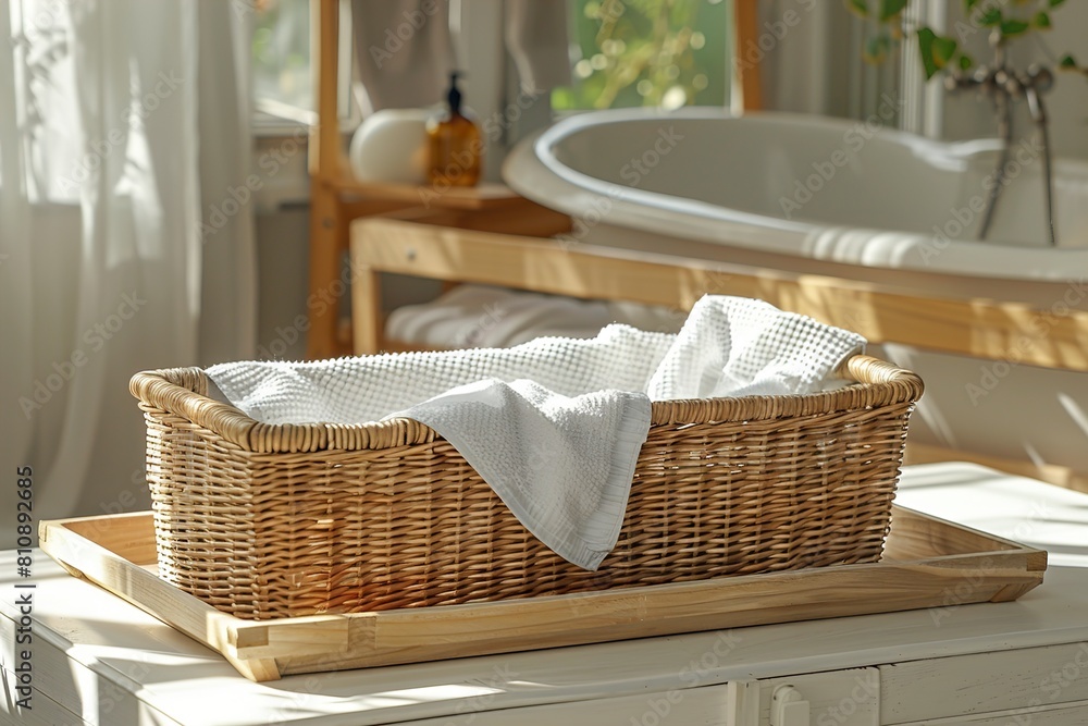 Wicker laundry basket with clothes on wooden tray in bathroom Wicker laundry basket with clothes on wooden tray in bathroom