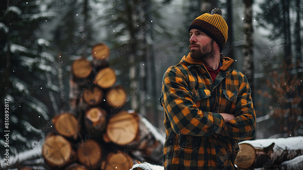 A Siberian lumberjack fighting cold and snow in heavy work clothes reflects his ability to overcome natural obstacles. A Siberian lumberjack fighting cold and snow in heavy work clothes reflects his ability to overcome natural obstacles.