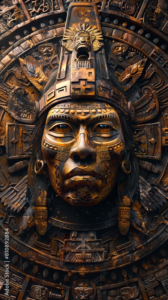 A large bronze mask with many faces.
