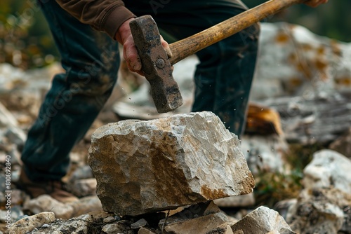 Man breaking stones with sledgehammer outdoors