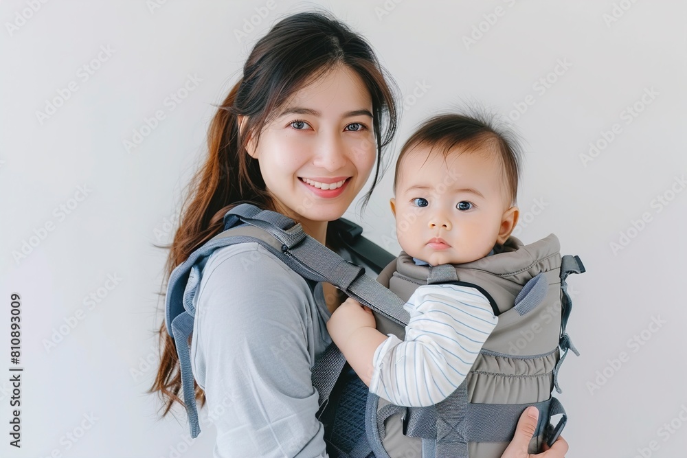 Mother holding her child in baby carrier on white background