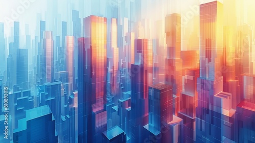 Abstract cityscape with skyscrapers transformed into geometric forms.