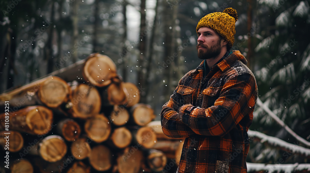A Siberian lumberjack in a winter forest, in heavy work clothes, conveys his dedication to the profession and ability to overcome difficulties. A Siberian lumberjack in a winter forest, in heavy work clothes, conveys his dedication to the profession and ability to overcome difficulties.