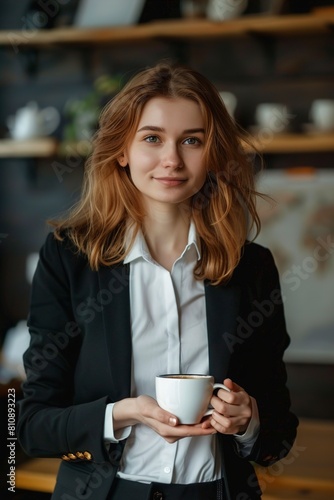 Portrait of female business trainer with cup of coffee