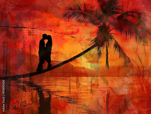 A couple kissing on the branch of a palm tree, with a sunset background. The sky is red and orange with some clouds. There is water in front of them, in the style of an impressionist painter.