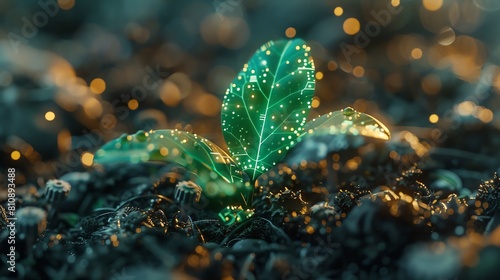 Artificial Intelligence Seedling, A tiny green sprout with gears and circuits forming its leaves