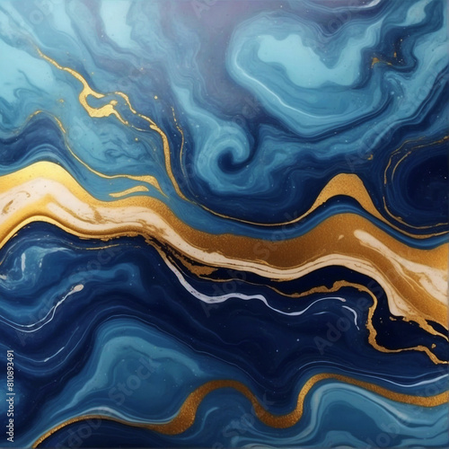 Abstract blue marble background with golden veins, painted marbled surface, stone texture, liquid paint, gold foil and glitter decor, fashion marbling background.