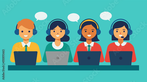 Call center. Vector illustration of Customer service, hotline operators with headsets.