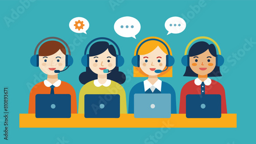 Call center. Vector illustration of Customer service, hotline operators with headsets.