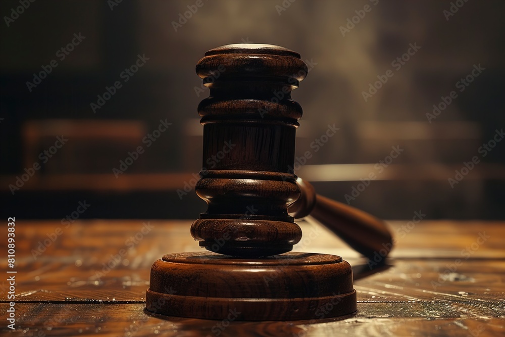 Wooden gavel on table against dark background Wooden gavel on table against dark background