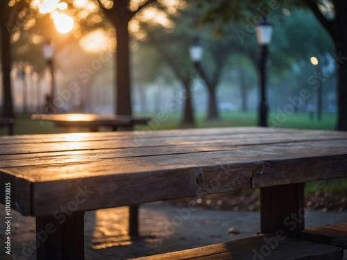 Dusk in the Park  Wooden Table Against Evening Fog  Background Gently Blurred