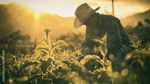 A photo of a Mexican farmer in a hot field, in a strict outfit, reflects his fortitude and tireless work. photo
