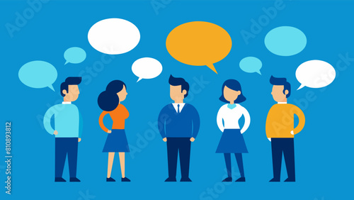 Vector art of Discussion and Communication concept. Business people talking about project work standing in the speech bubbles vector illustration