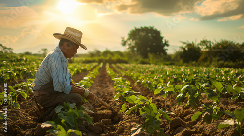 A picture of a Mexican farmer in a sultry field, working hard in a strict outfit, conveys his dedication to the land and labor conscientiousness. photo