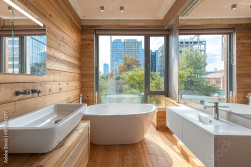 A modern bathroom with wooden walls  a white bathtub and a double sink on the wall