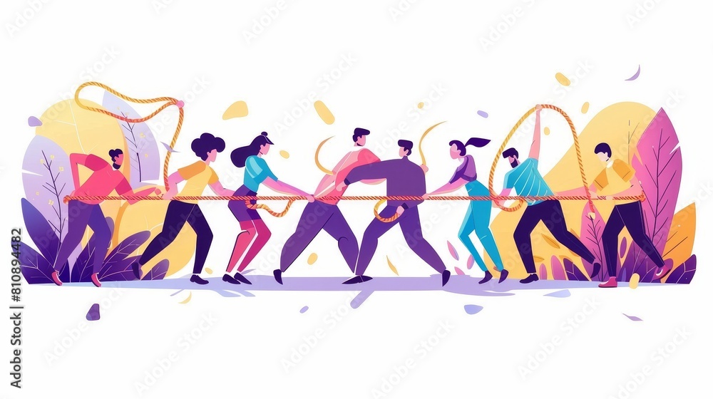 Modern landing page with flat illustration of two teams of workers playing tug of war. Promotional banner with business teamwork. Modern landing page with flat illustration of two teams of workers playing tug of war. Promotional banner with business teamwork.