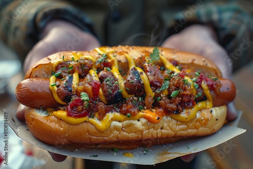 Person holding a Coney Island hot dog with chili in a hot dog bun