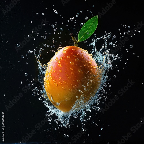Fresh mango with water splash isolated on black background