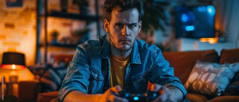 Gamer frustrated after losing a round of playing an online video game on a powerful computer. A smart male in a cosy living room is playing a multiplayer online shooter game. Gamer frustrated after losing a round of playing an online video game on a powerful computer. A smart male in a cosy living room is playing a multiplayer online shooter game.