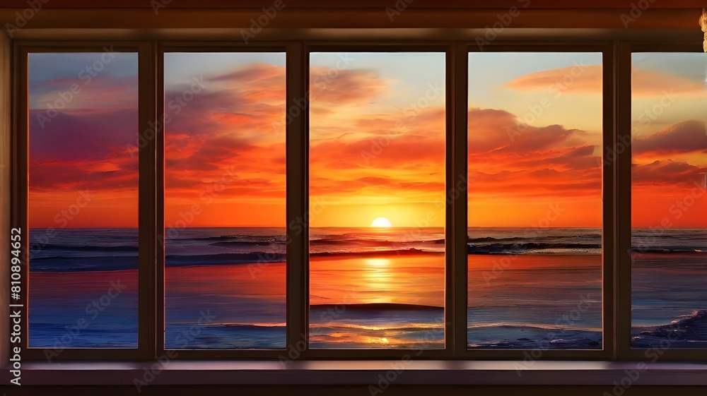 A window reflecting the fiery colors of a sunset over the horizon A window reflecting the fiery colors of a sunset over the horizon