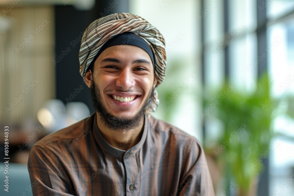 Smiling Muslim man wearing a white turban Fictional Character Created By Generative AI. Smiling Muslim man wearing a white turban Fictional Character Created By Generative AI.