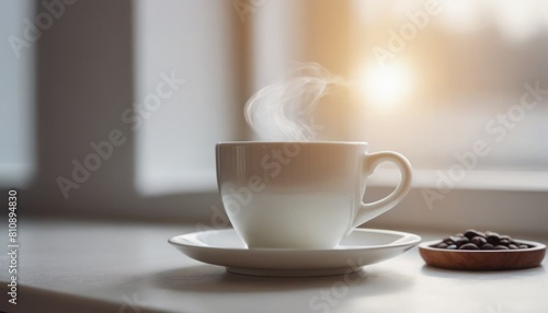 A hot cup of coffee on a saucer, set against a white background, casting a subtle shadow.