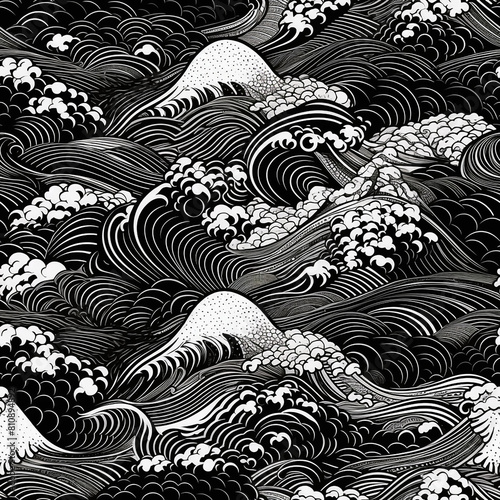 Captivating sea waves in black and white for wallpaper, textiles, or stylish modern art prints. Detailed, energetic patterns evoke the power of the ocean in a striking monochrome style. 