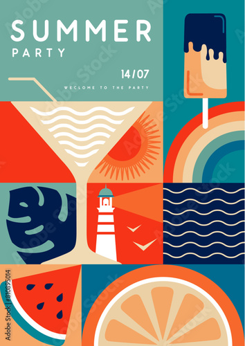 Retro flat summer disco party poster with summer attributes. Cocktail silhouette, lighthouse, ice cream, tropic leaves and watermelon. Vector illustration